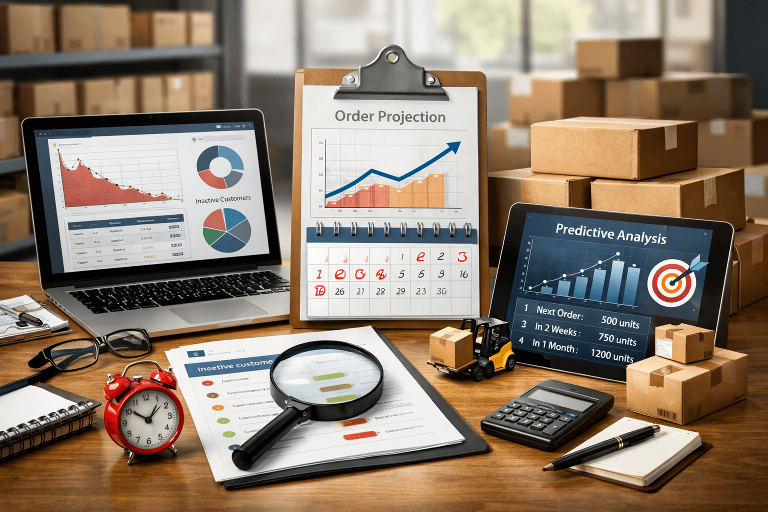 Renderização 3D realista de um ambiente de escritório logístico: sobre uma mesa de madeira há um notebook com gráficos de queda de atividade de clientes, um tablet com análise preditiva de pedidos e um prancheta com projeção de compras futuras. Ao redor, caixas de papelão empilhadas sugerem operação de distribuição. Na mesa também há uma lupa, um relógio e documentos organizados, reforçando a ideia de análise, priorização e timing.