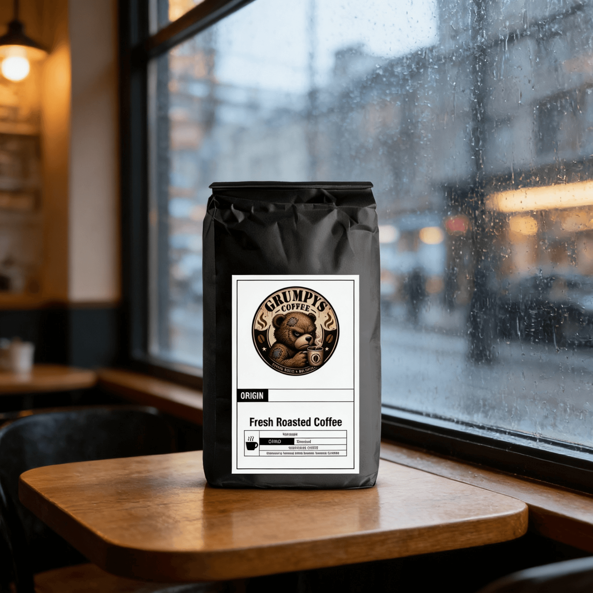 Black coffee bag on café table beside rainy window with Grumpy’s Coffee label.