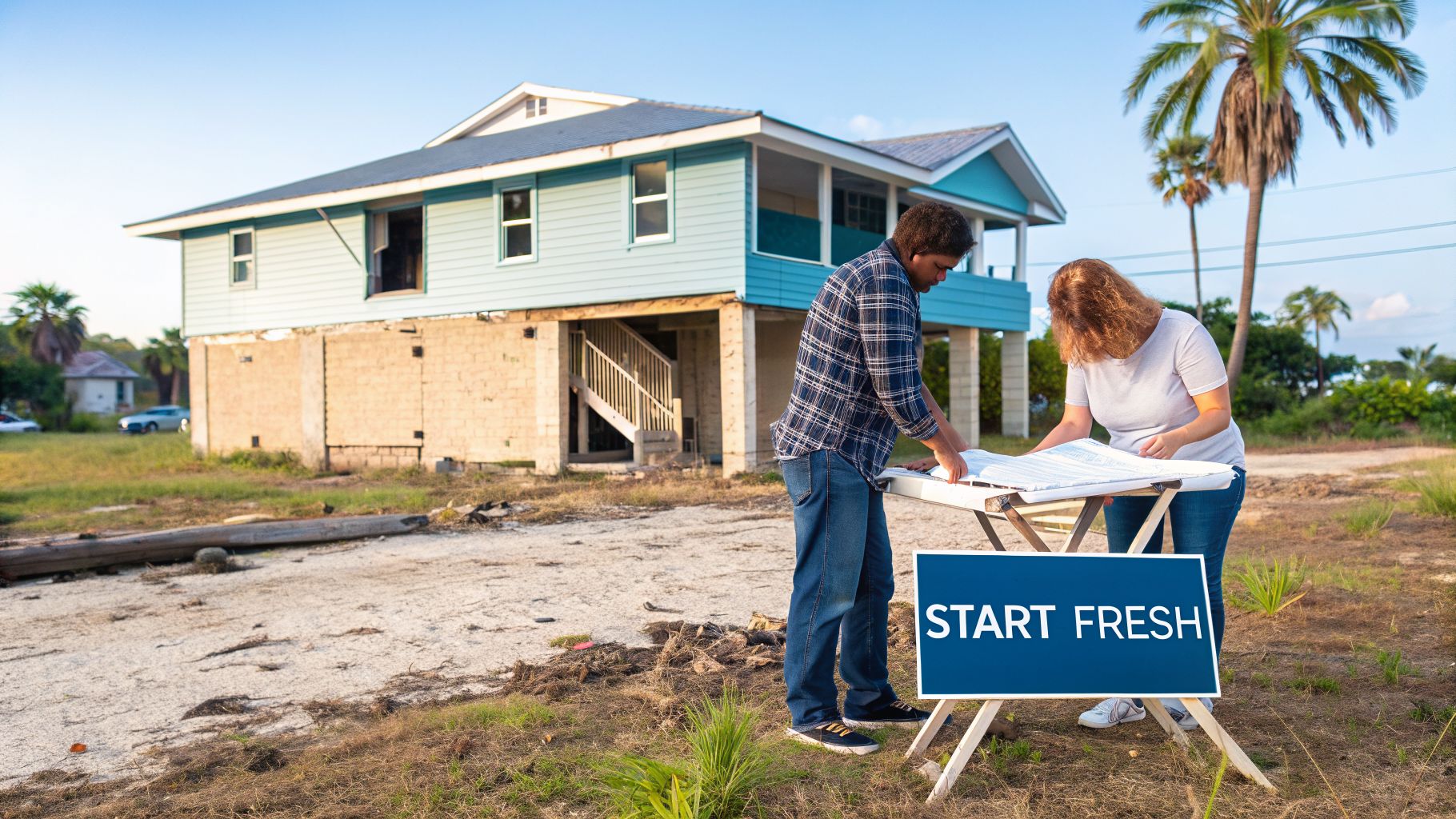 Two people look at blueprints in front of a house under renovation with a 'Start Fresh' sign.