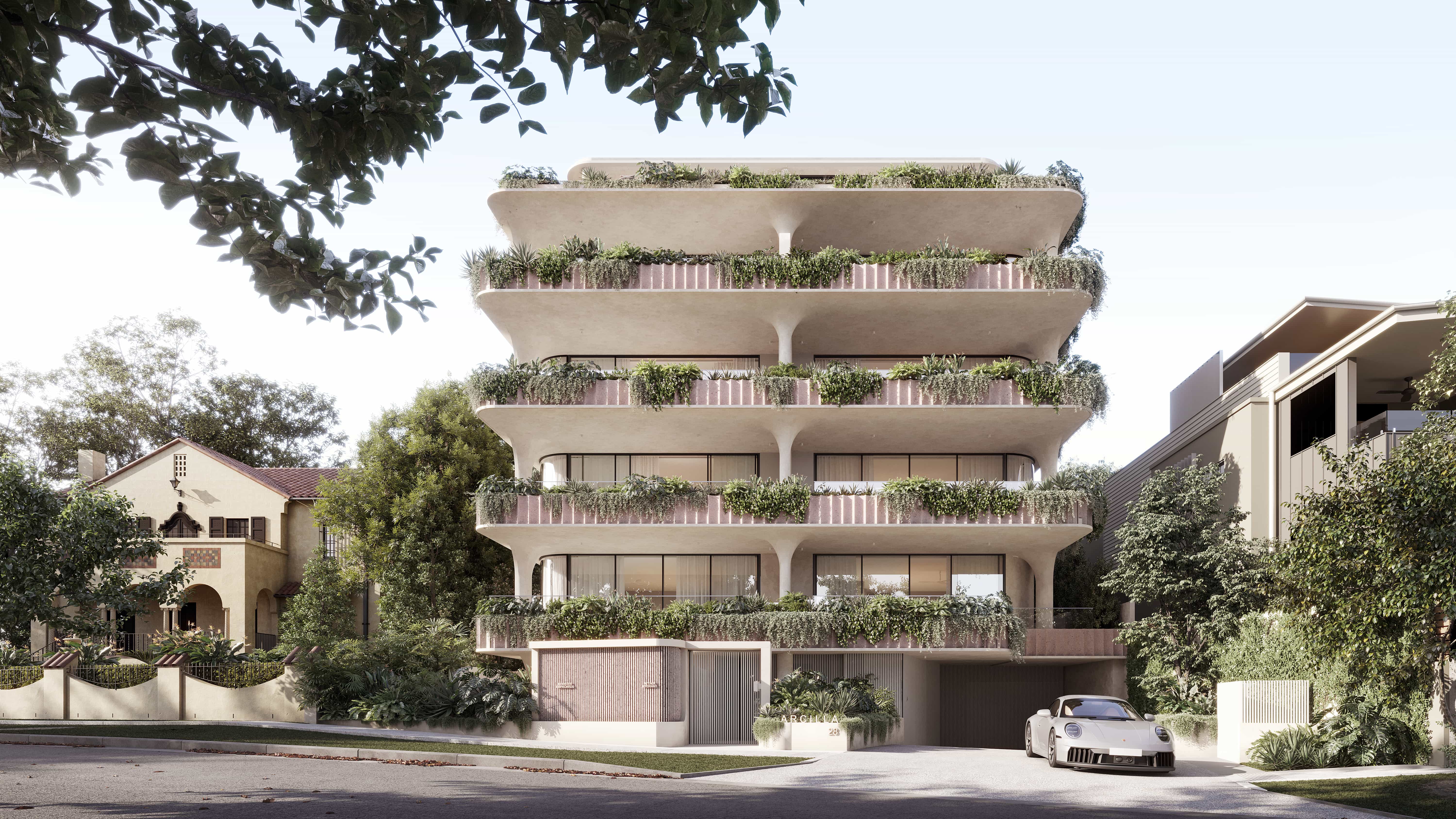 Modern multi-level residential building with curved balconies and lush greenery on each floor, next to text describing a luxury architectural project.