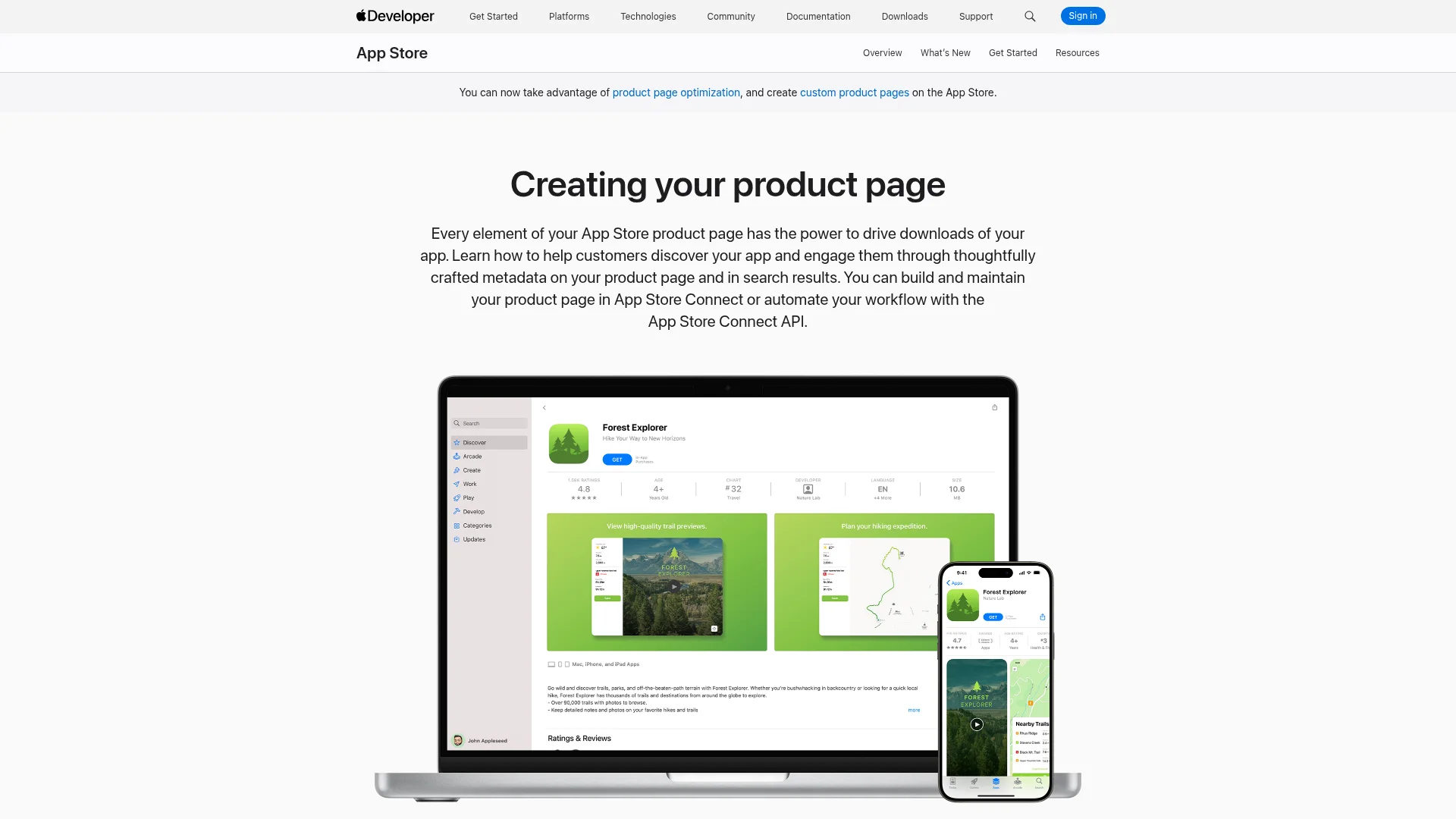 Apple Developer documentation page for creating an App Store product page