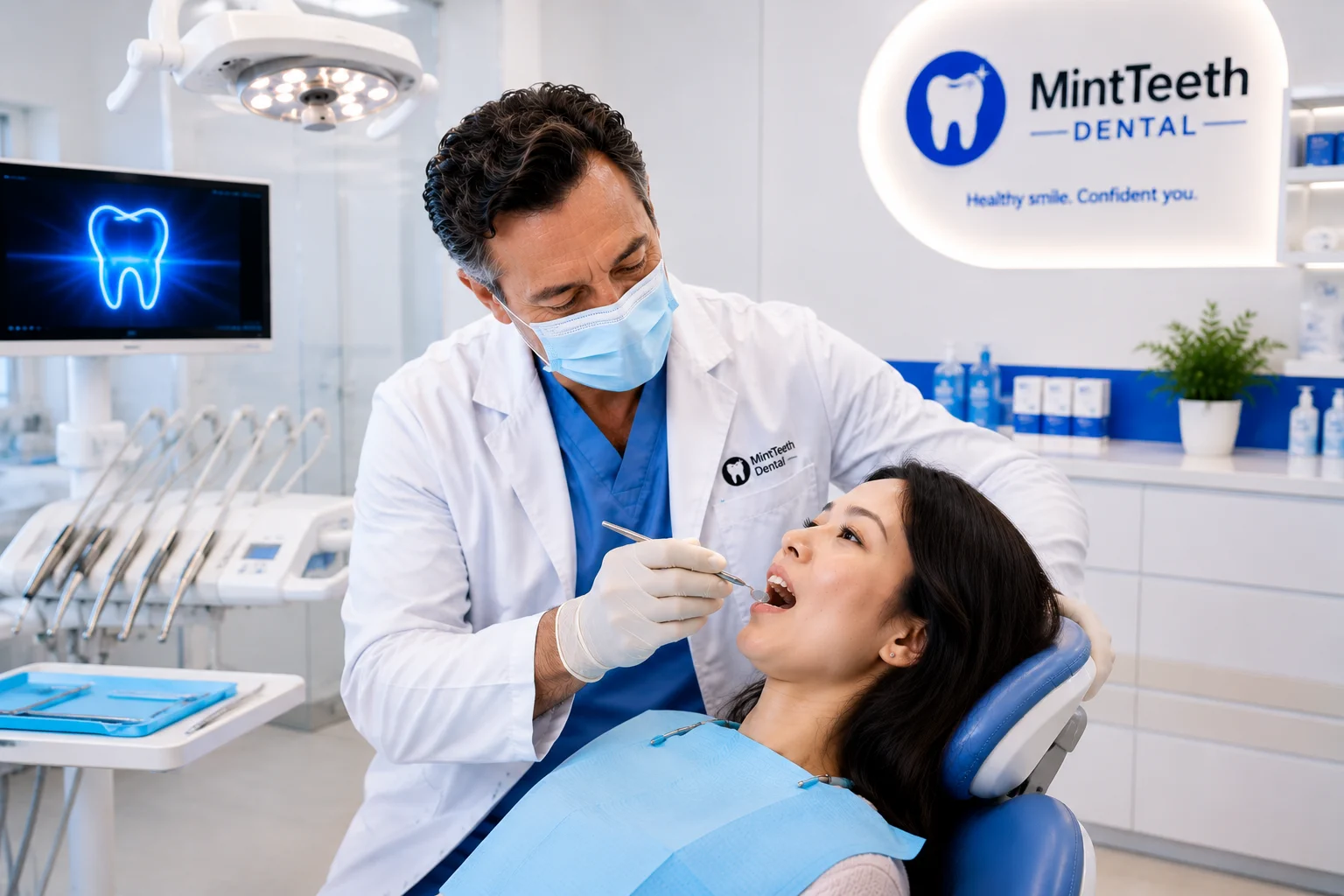 Dentist providing dental treatment to a female patient in a modern clinic