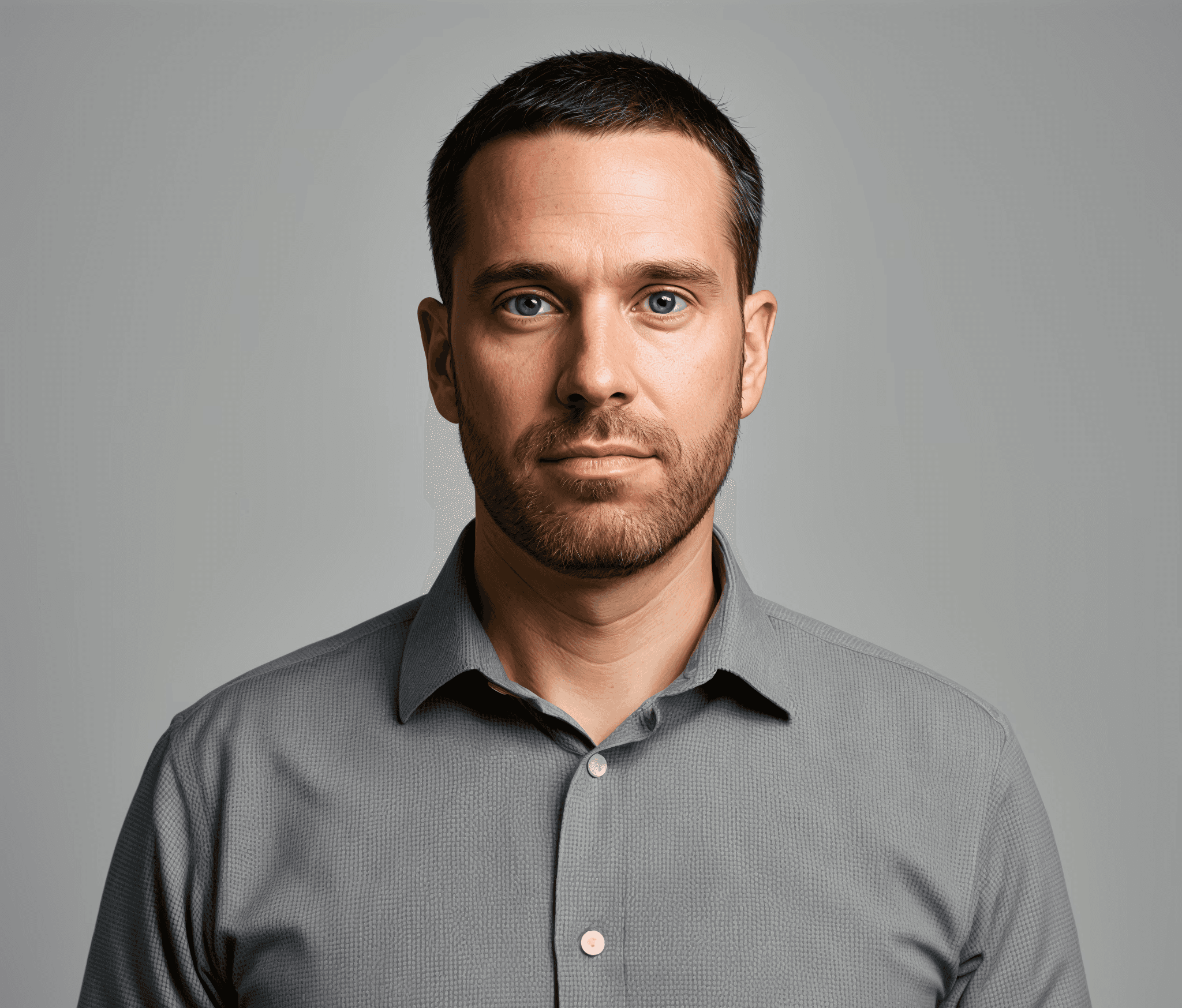 Portrait of a man with short brown hair, grey shirt, calm expression.
