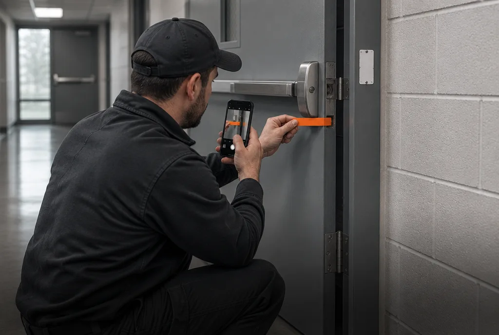 Tinclad technician measuring fire door clearances during an annual NFPA 80 inspection.