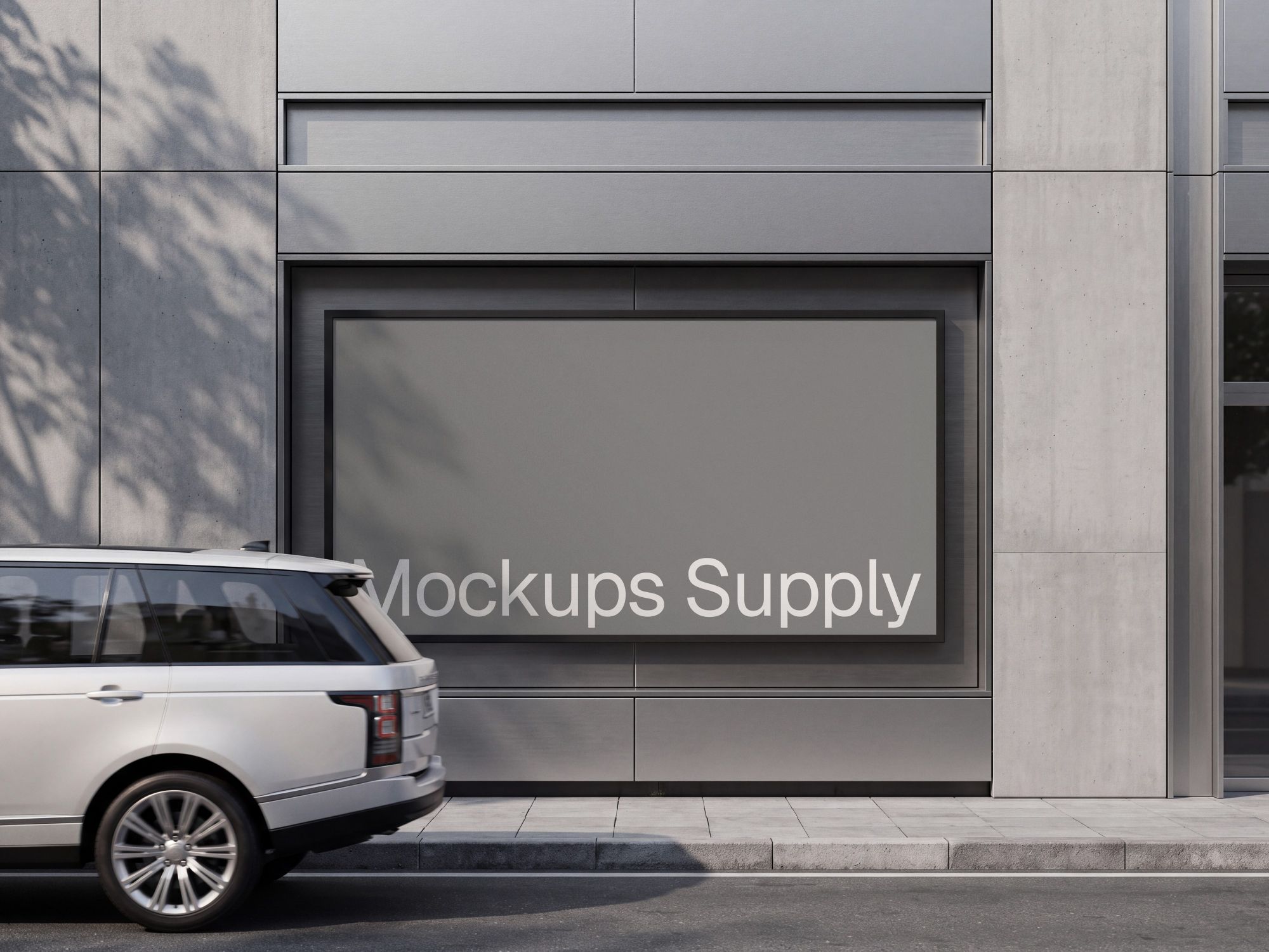 Luxury retail advertising mockup showing a landscape billboard on a stone facade with a silver SUV at the curb