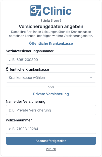 37.clinic - Registrierung - Schritt 5: Versicherungsdaten angeben
