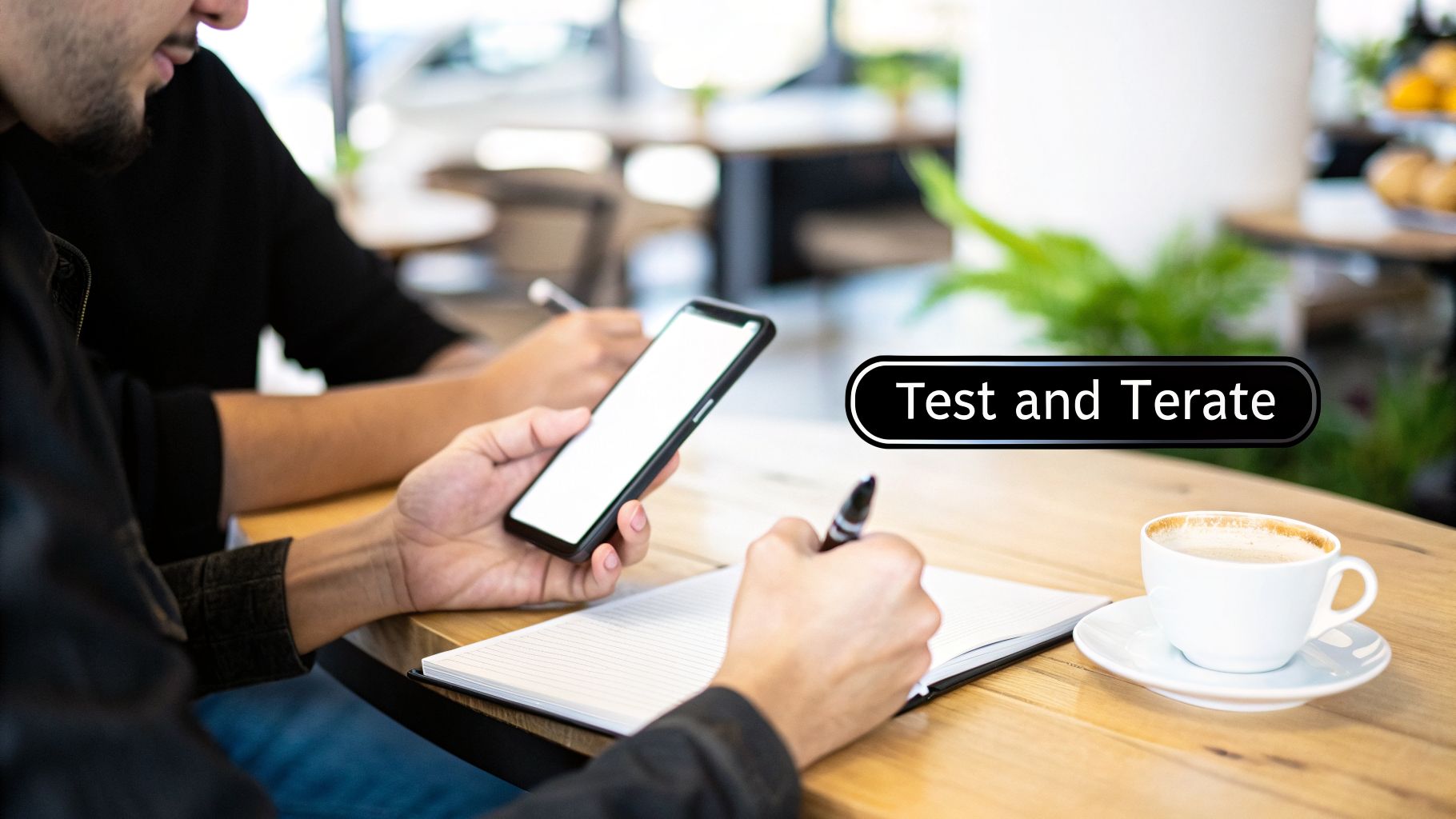 Two people collaborating on mobile app development, one using a smartphone and writing notes.