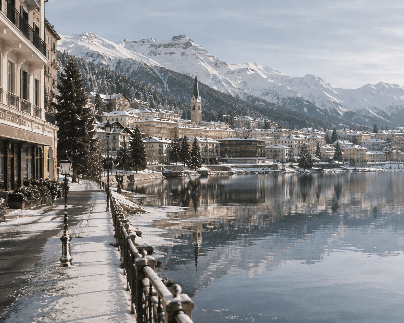A panoramic winter view of St. Moritz, Switzerland, looking across a clear, calm lake reflecting snow-dusted buildings, pine trees, and a prominent church steeple. A snow-dusted promenade lined with classic street lamps and a black metal railing curves along the left foreground, set against a backdrop of majestic, snow-capped Alpine mountains under a soft blue sky.