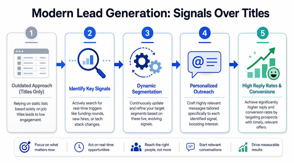 A five-step infographic explaining a modern lead generation strategy using real-time signals instead of job titles.