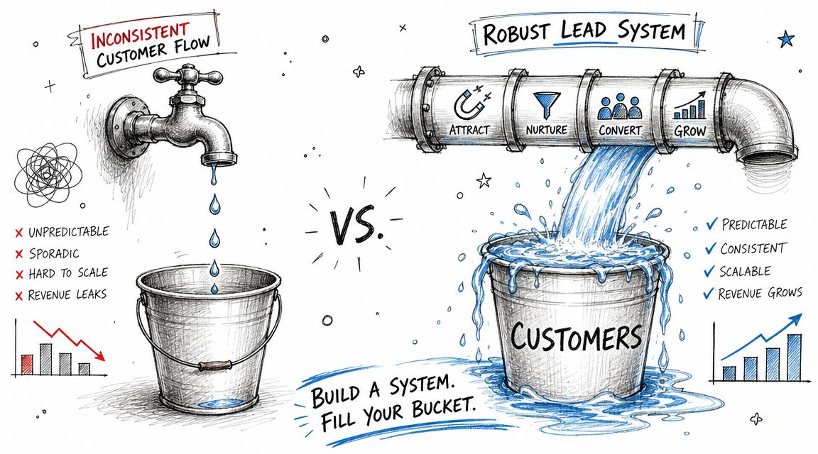 A diagram comparing an inconsistent customer flow faucet to a robust lead system pipe for business growth.