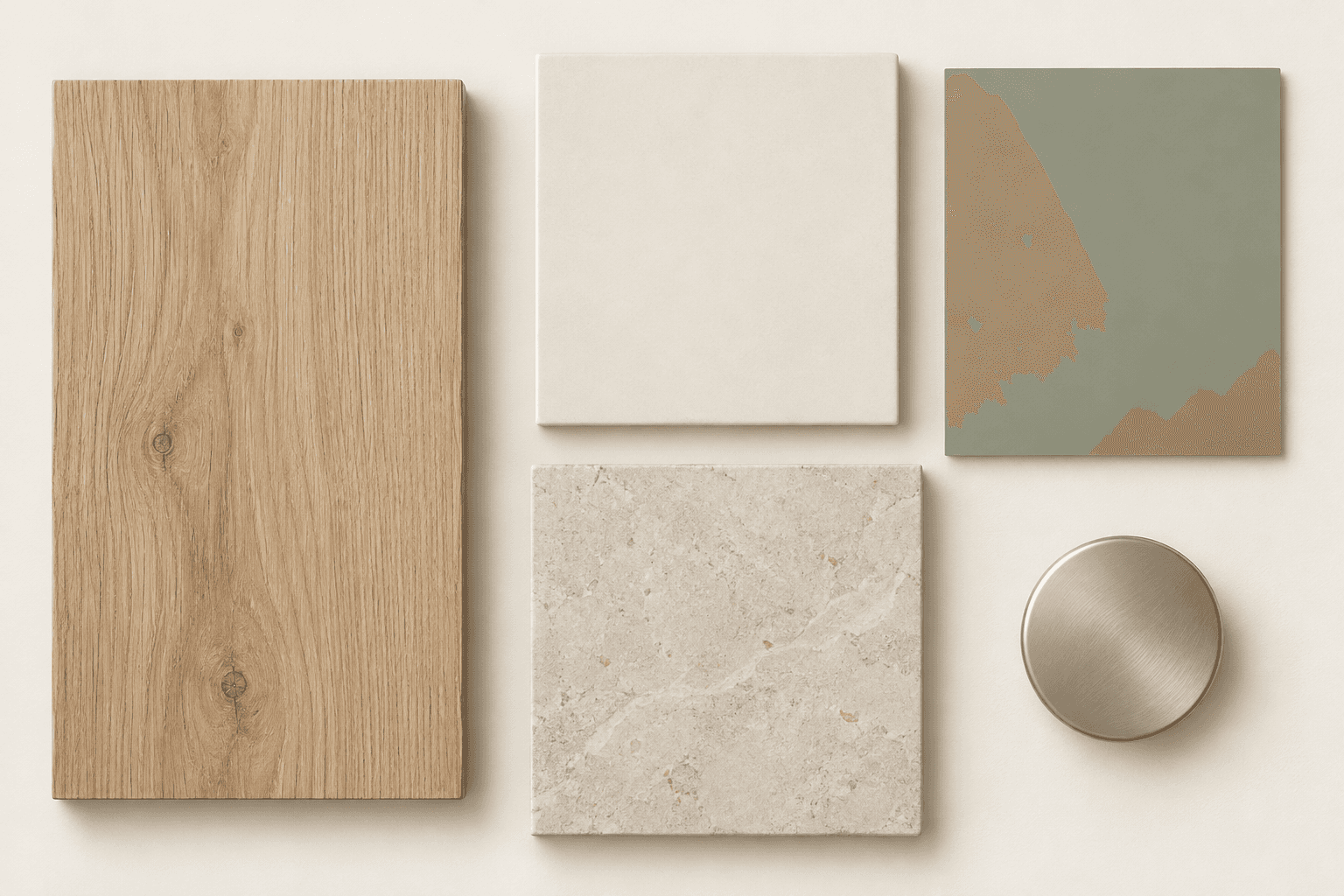 AI palette board with light wood grain, warm white, muted sage, pale beige stone-look texture and brushed metal.