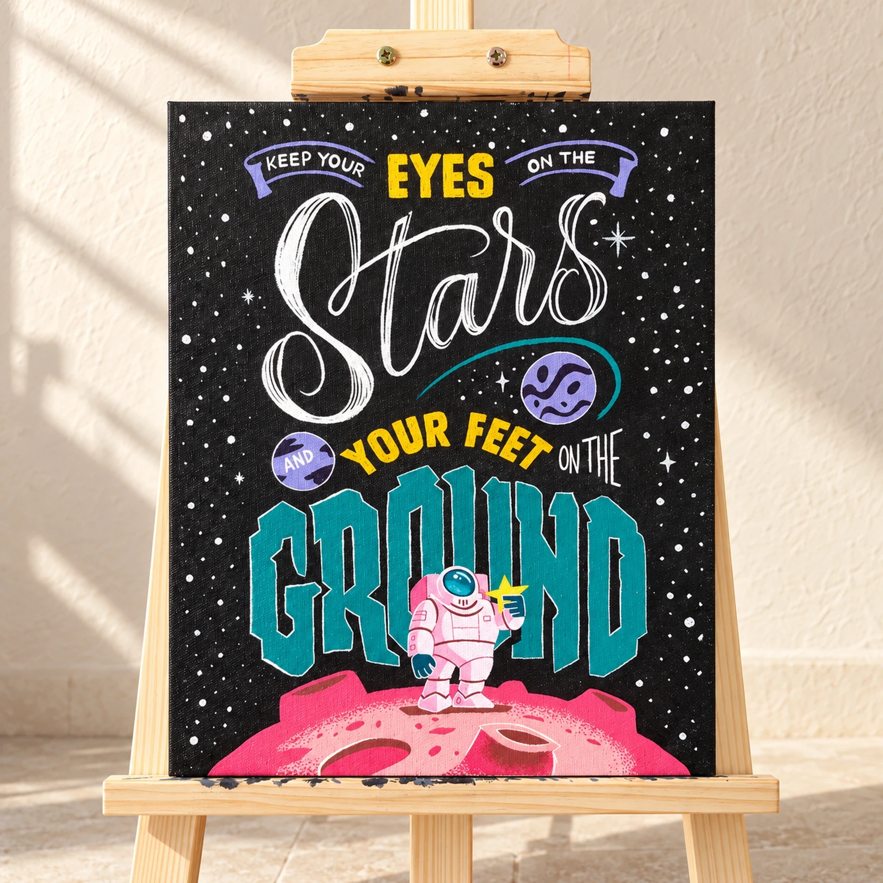 Hand-lettered artwork reading “Keep your eyes on the stars and your feet on the ground,” with an astronaut and space illustrations.