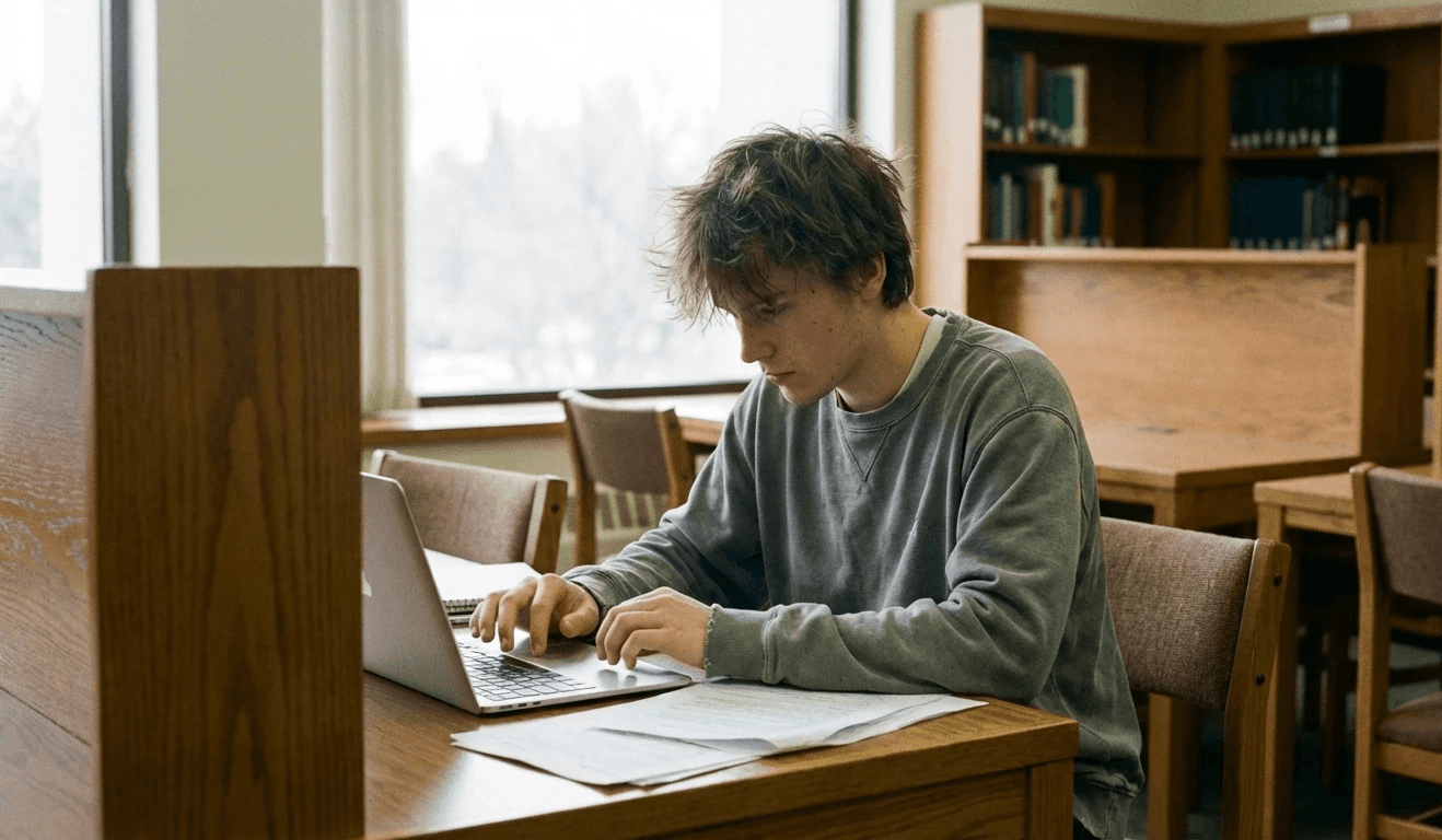 Étudiant préparant un test d’anglais pour une candidature universitaire à l’étranger