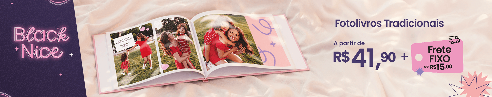 Fotolivro capa dura com imagens de pai e filhos sorrindo, sobre mesa de madeira, com promoção a partir de trinta e nove reais e noventa centavos e frete fixo de quinze reais