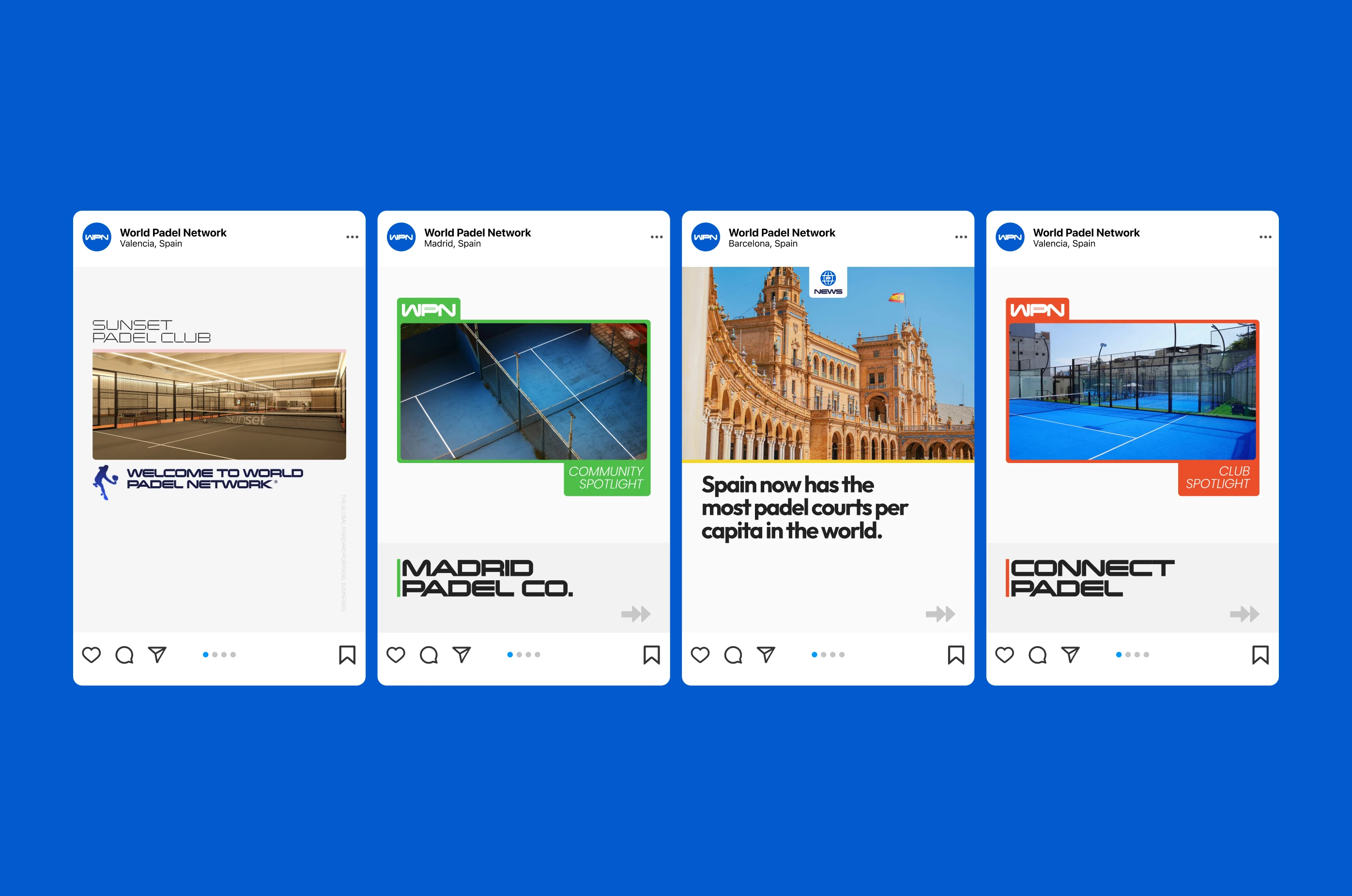 World Padel Network — Series of WPN social media cards showcasing content styles — Social design system