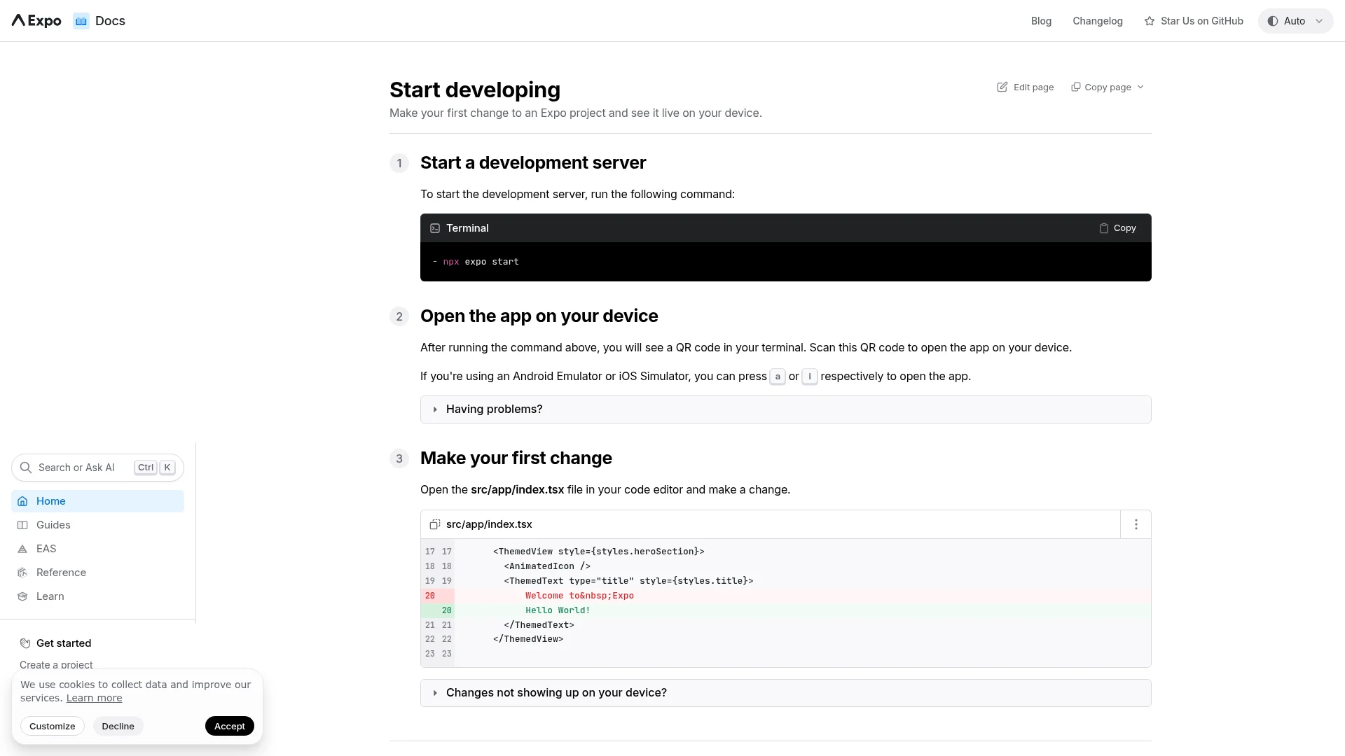 Expo documentation showing the Start Developing guide with the npx expo start command in a terminal code block.