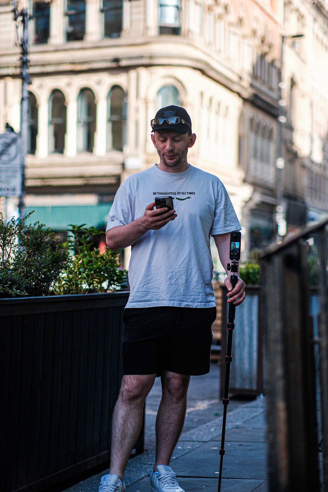 Gabriel Trinc photographed on Thomas Street in Manchester's Northern Quarter during location capture work for the Bound store visualisation project by James Lyons of PixelSpaces, documenting the urban environment for architectural CGI development