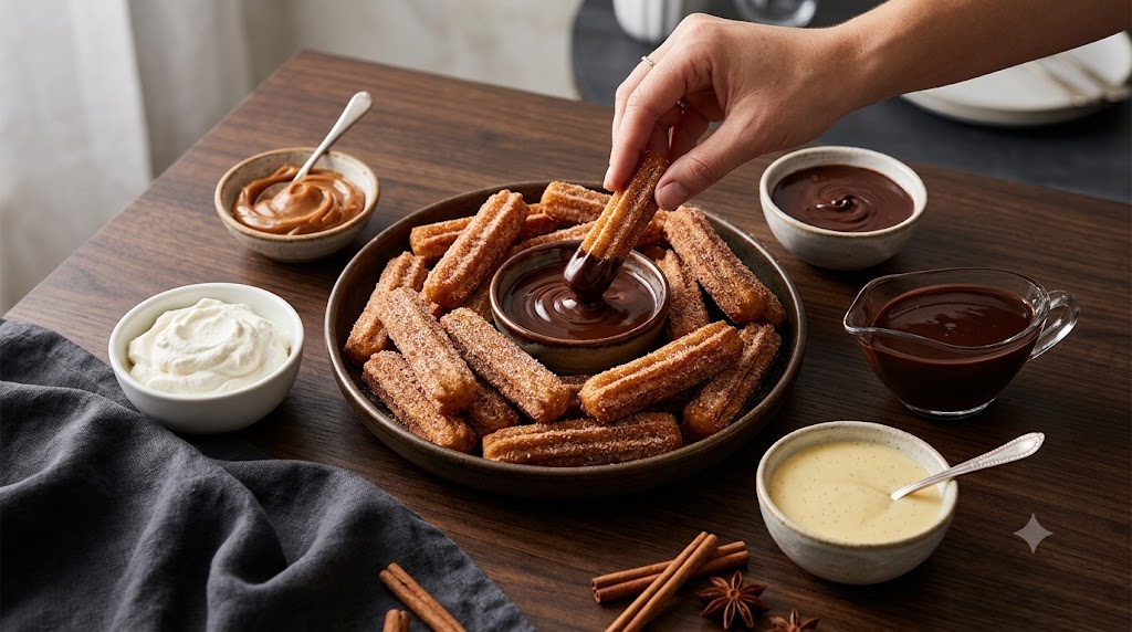 A close-up, elevated photorealistic image of a hand dipping a cinnamon-sugar churro into a bowl of rich chocolate sauce, surrounded by five other distinct dipping bowls including dulce de leche, vanilla custard, and whipped cream on a dark wood table with spices.