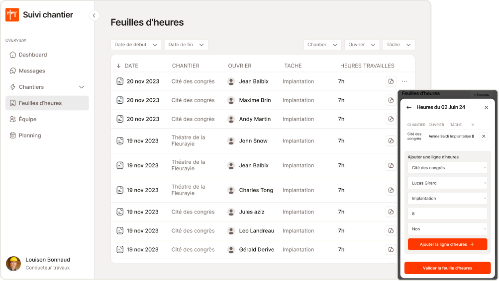 Interace du logiciel de suivi des heures de chantier, suivichantier.com