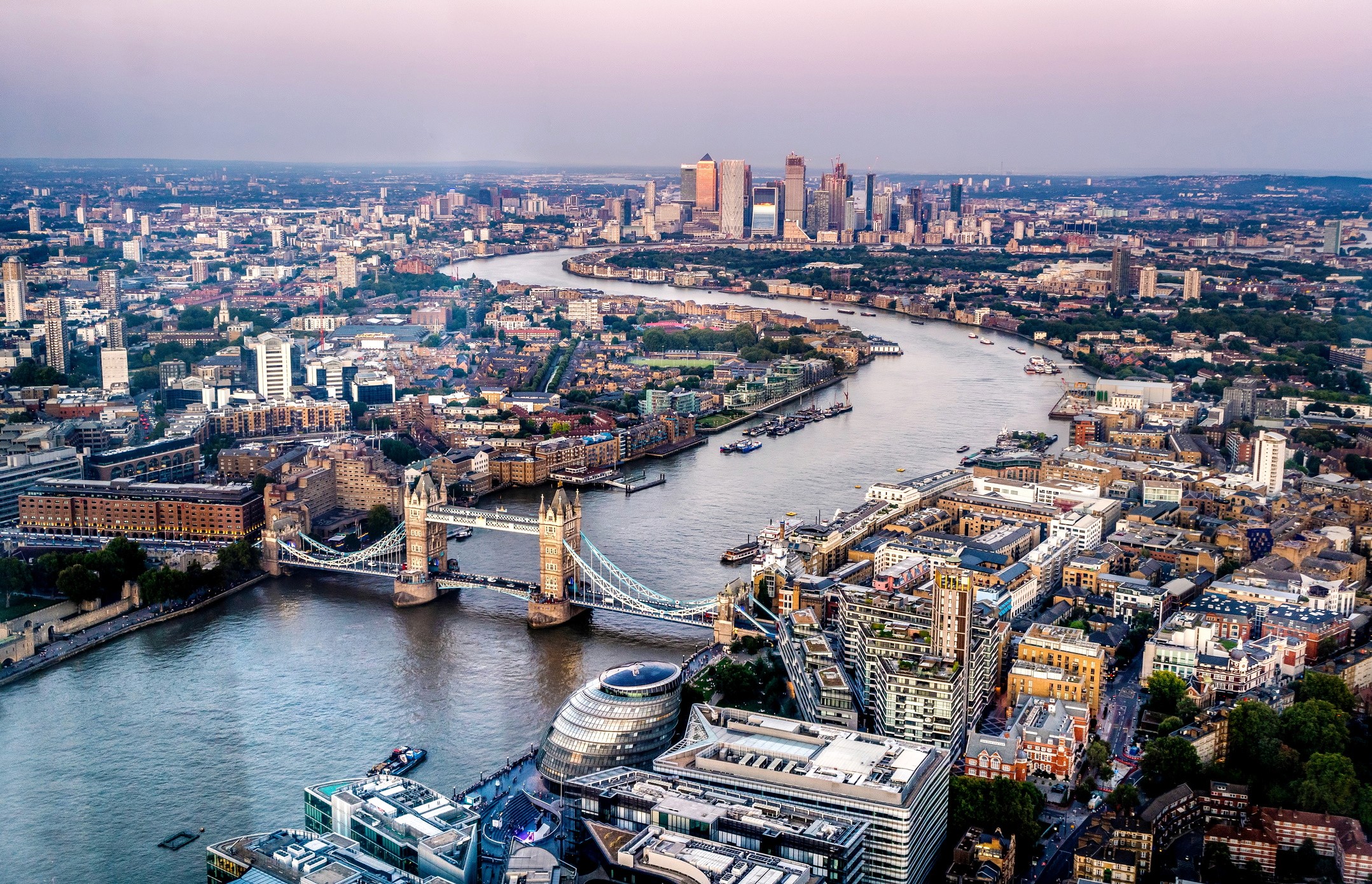 Aerial view of London Bridge and downtown area.