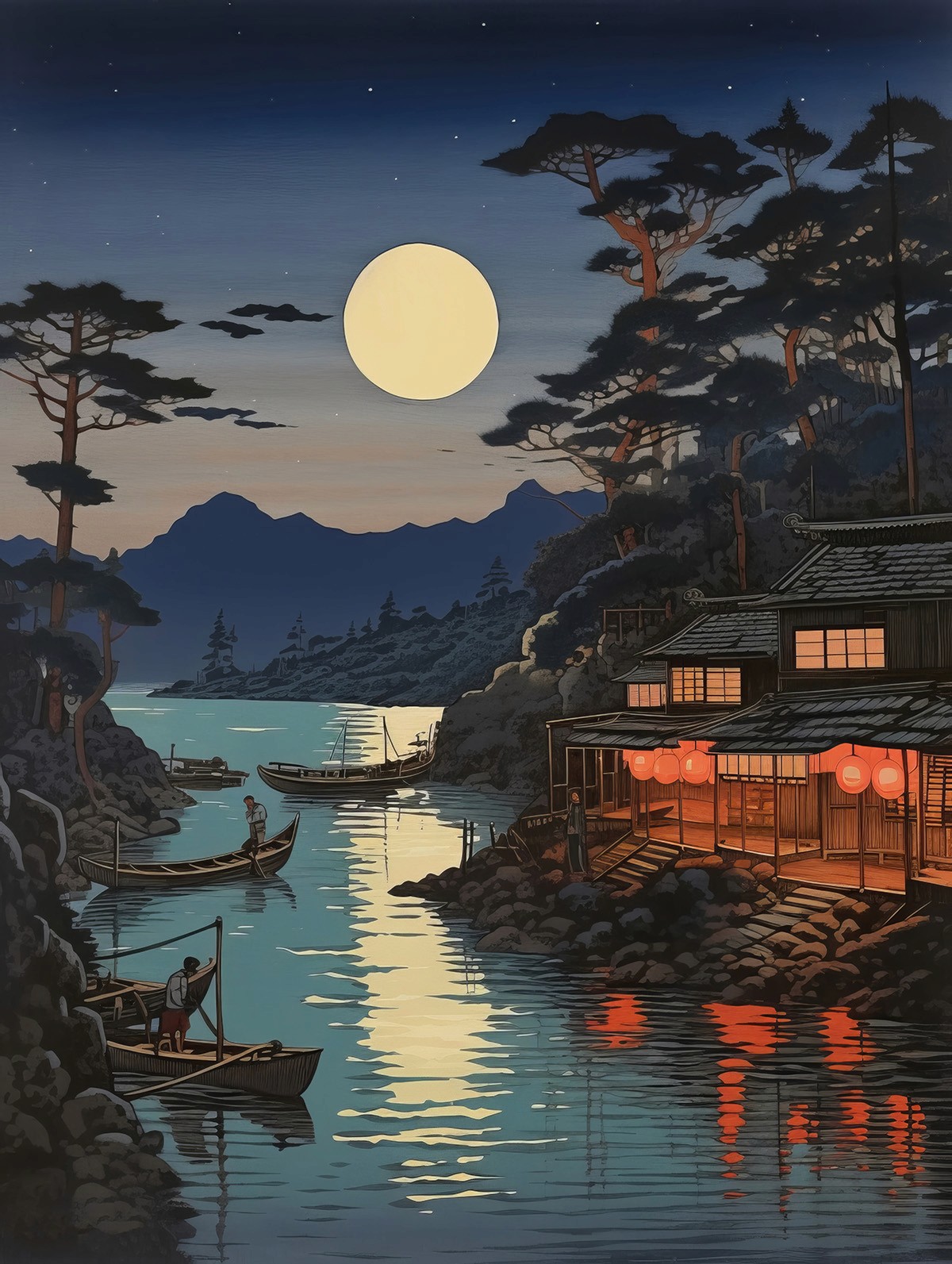 Folk Fable AI nighttime bay art print