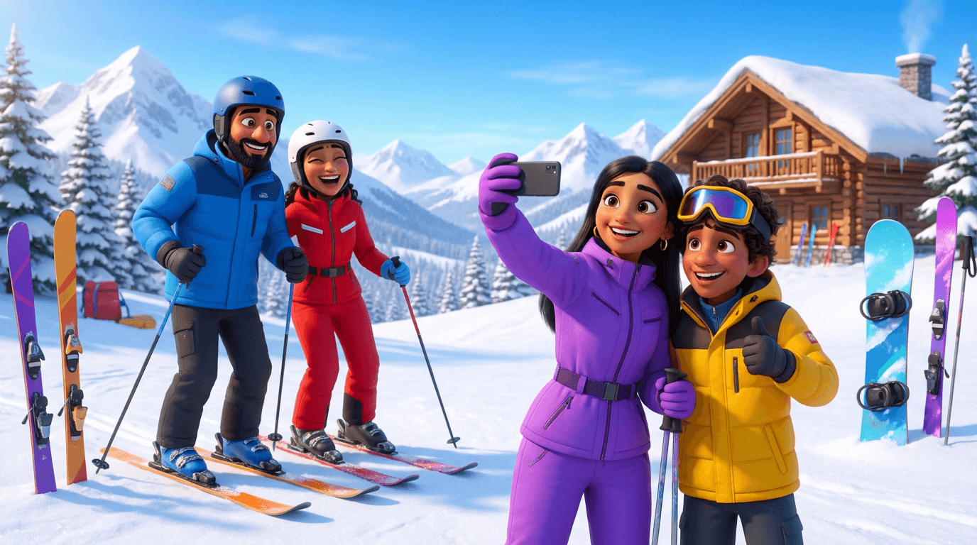 an idian family having a skiing vacation pixar style