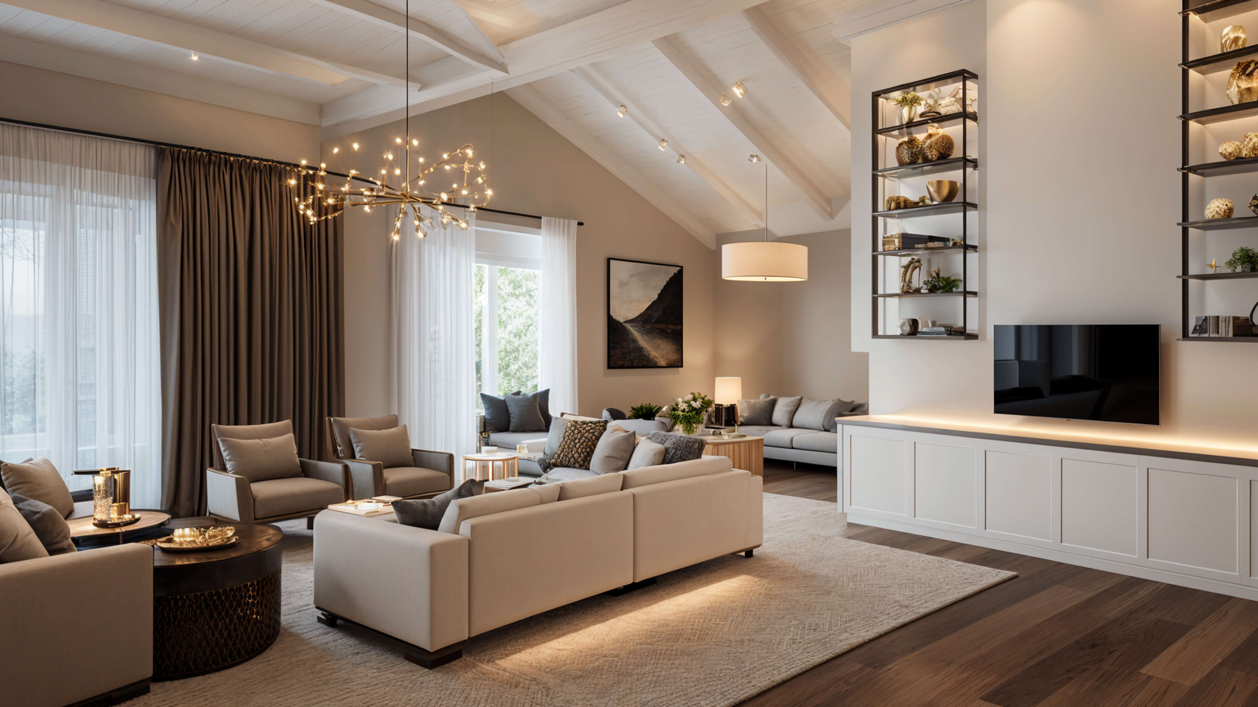 Contemporary open-concept living space featuring floating display shelves, neutral seating, textured rugs, and statement lighting that adds depth and warmth.