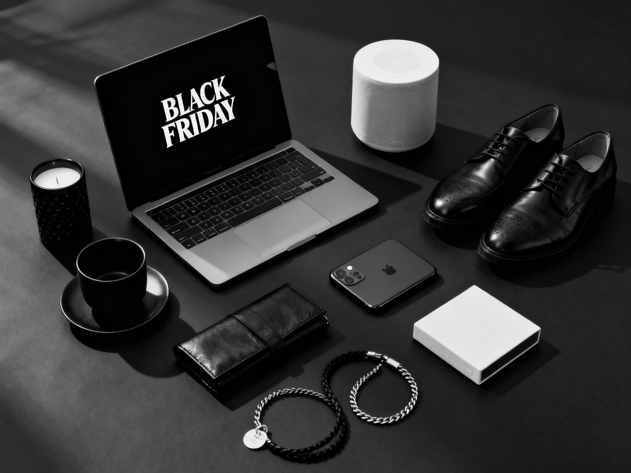 A minimalist, high-contrast studio setup in framing showcasing an elegant flat lay of popular Black