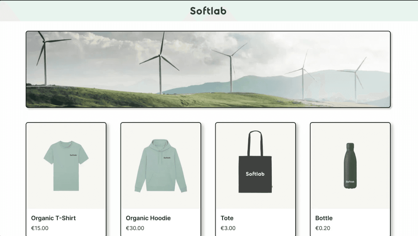 A website interface displaying a scenic background with options for a t-shirt, hoodie, bag, and water bottle.