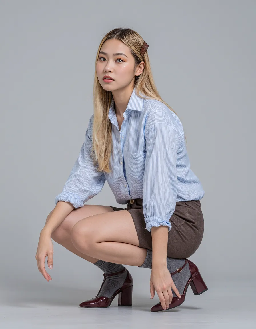 Professional fashion portrait featuring light blue striped button-down shirt, brown shorts and burgundy heels against minimalist gray backdrop