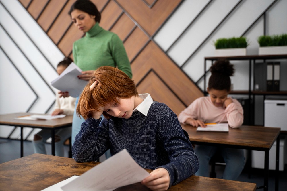 concerned kid with exam at hand