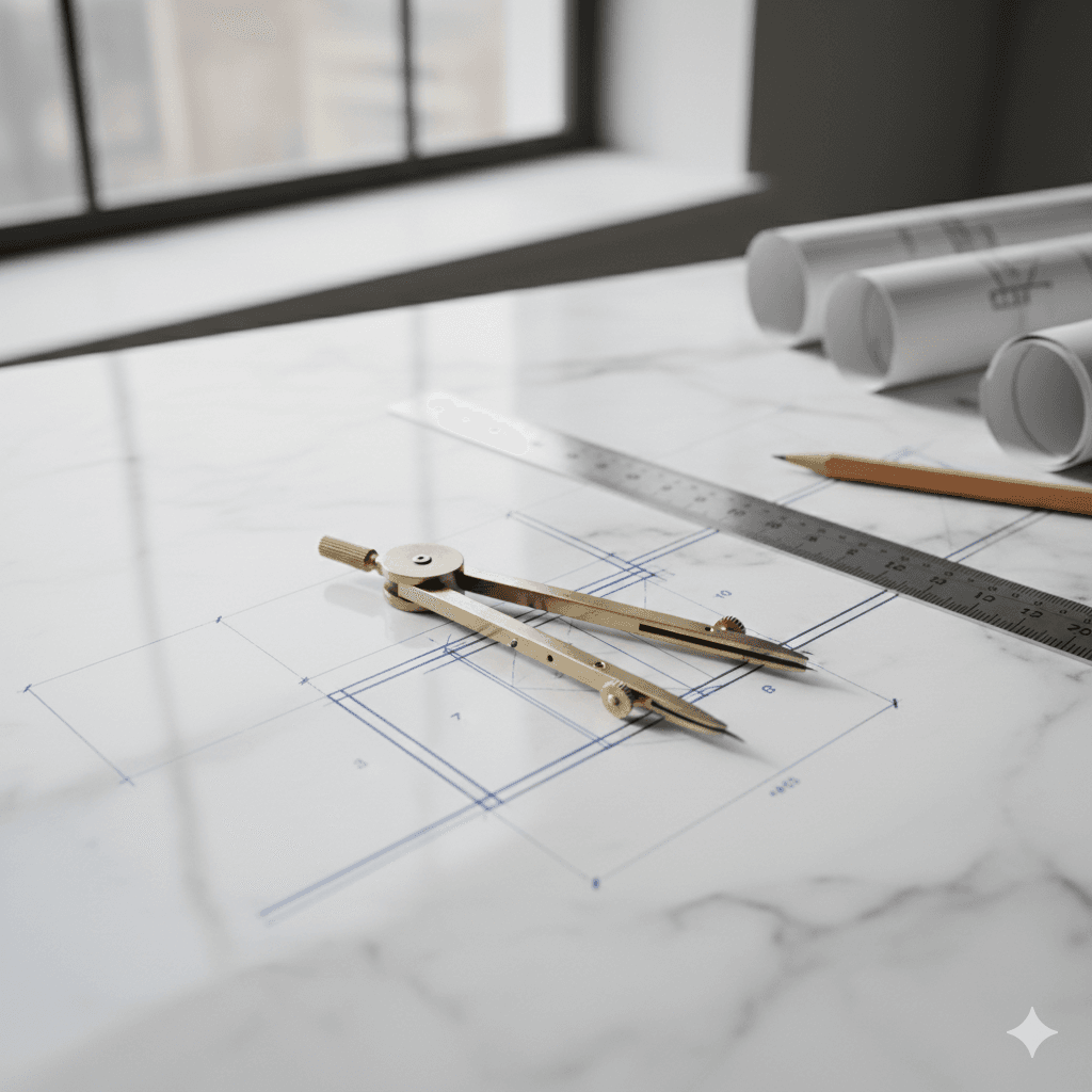 Architectural tools and plot layout on white marble for M3M commercial project in Sector 114
