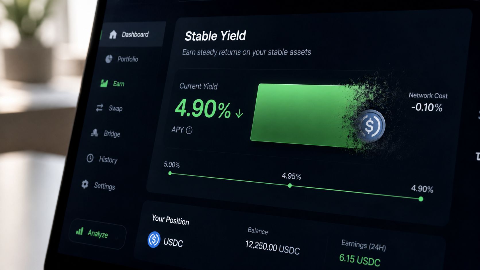 A digital crypto dashboard showing a 4.90% stable yield APY and a USDC wallet balance of 12,250.00.