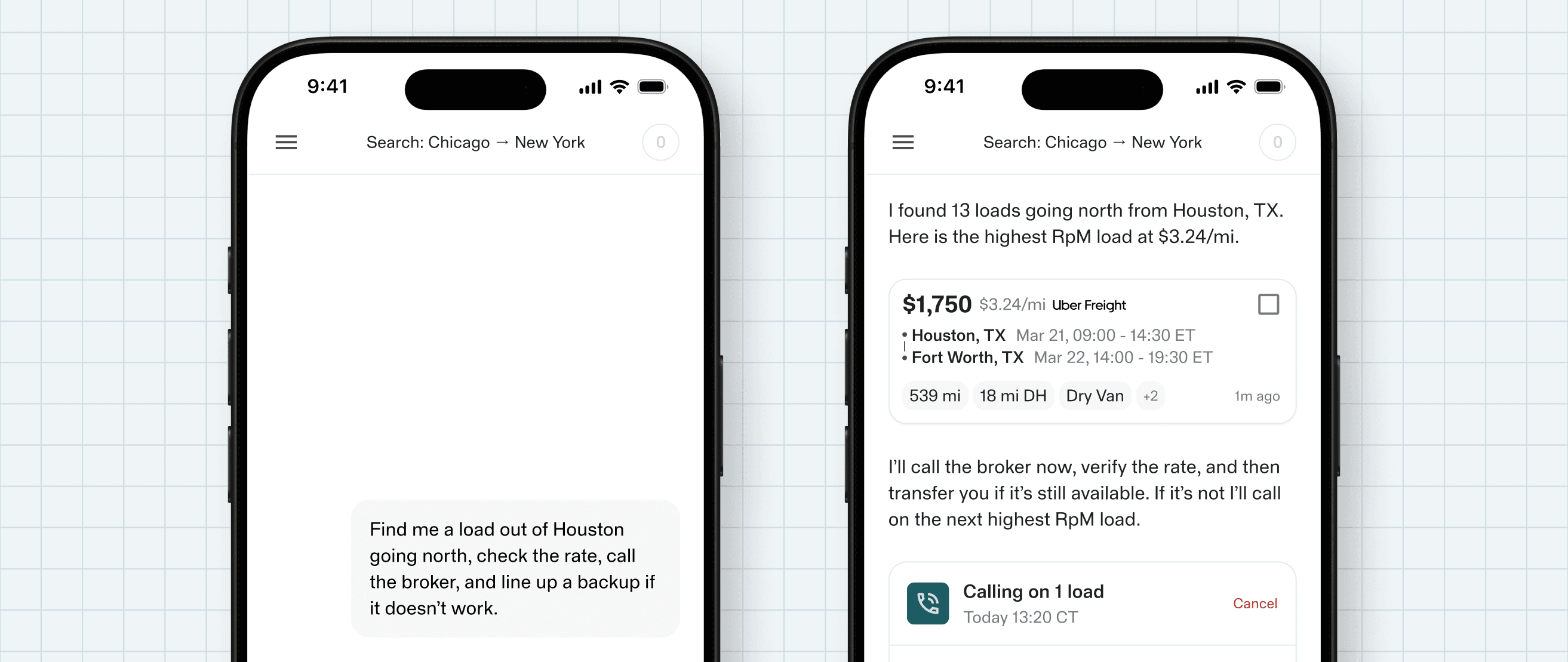 Dispatch app screenshot showing a carrier sending one request to find, verify, and book a northbound load out of Houston, with the AI automatically surfacing the best rate and calling the broker.