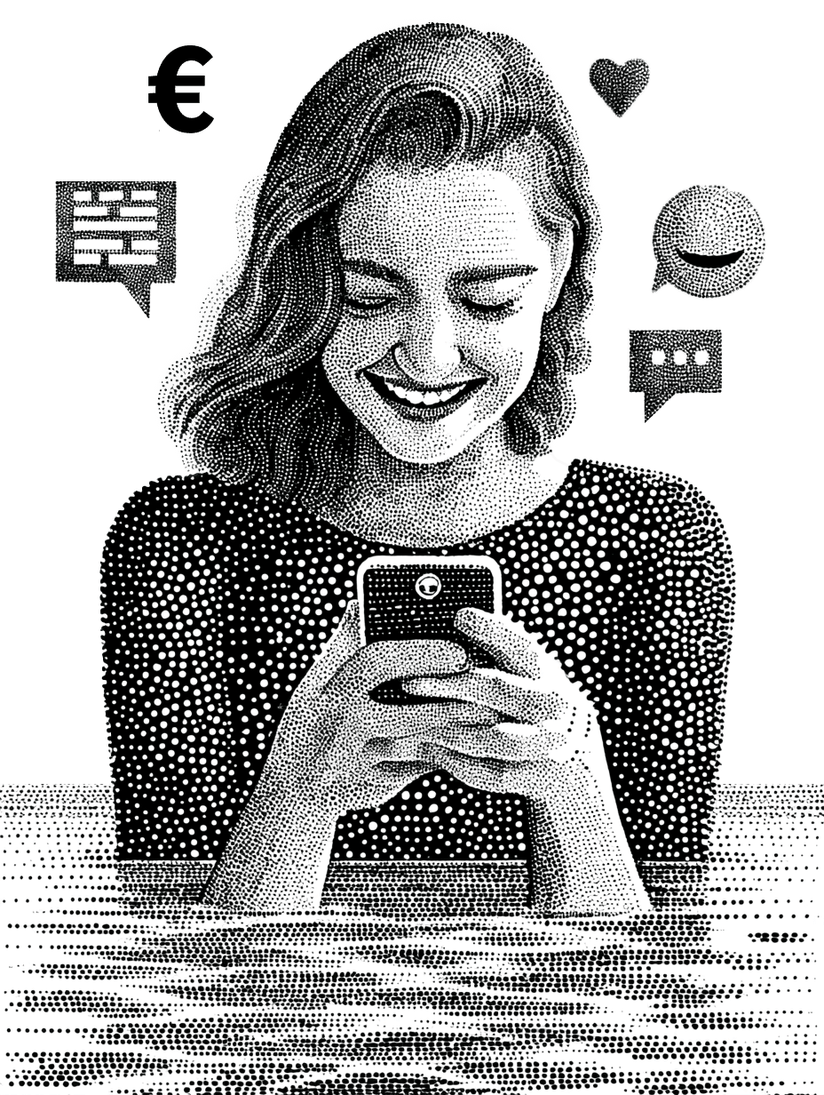 Illustration d'une femme souriante utilisant un téléphone portable, entourée d'icônes de communication et de symbole d'euro.