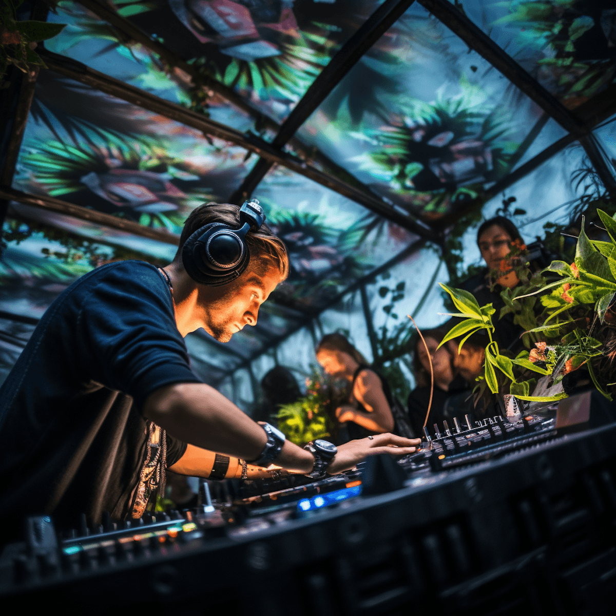 DJ playing music surrounded by dense indoor plants.
