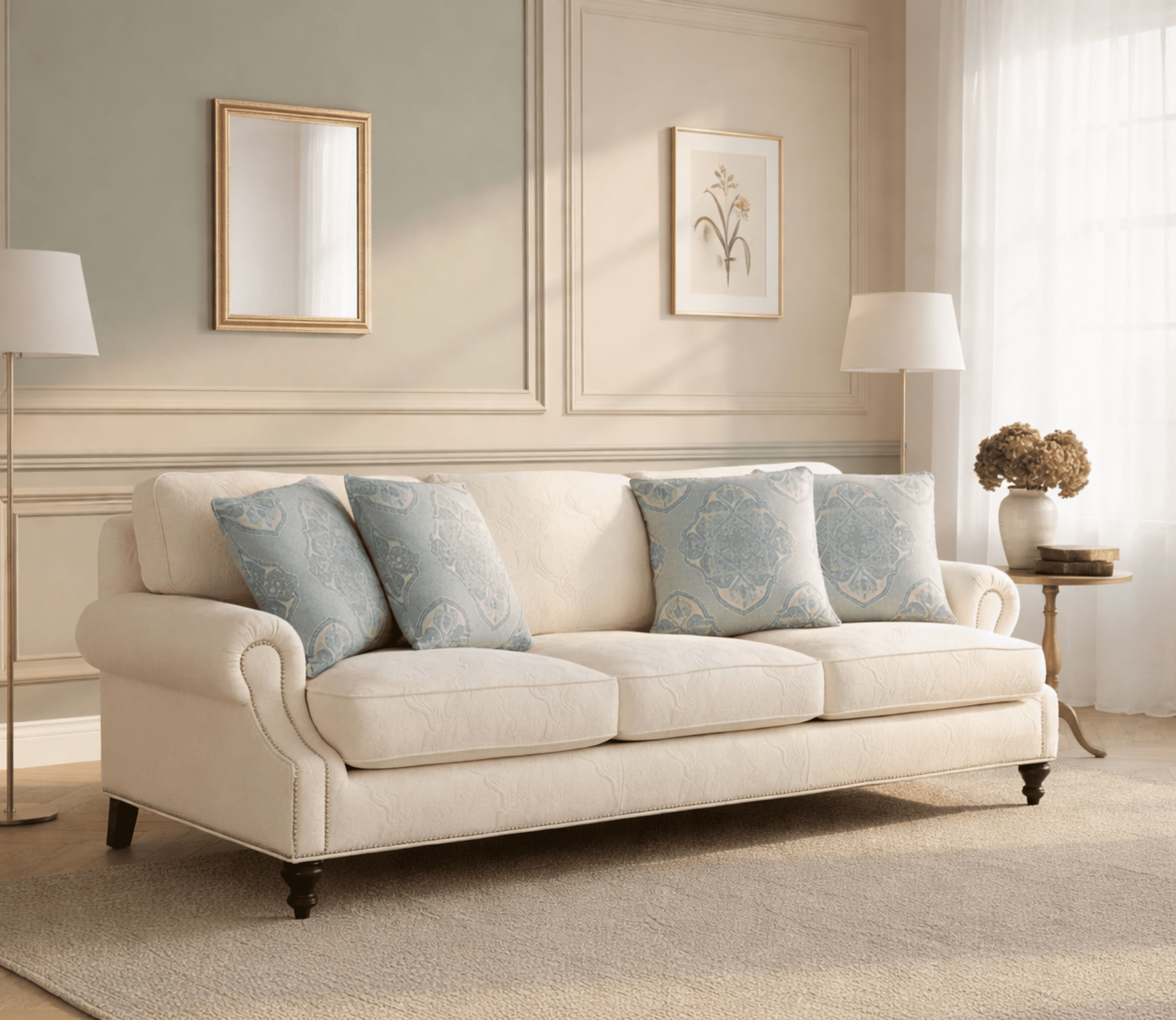 Plum velvet 3-seater with channel tufting and gold-toned legs.