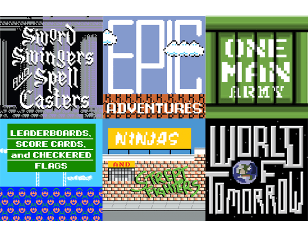 A collage of six pixel art game screenshots:</p>
<p>1. “Sword Swingers & Spell Casters”</p>
<p>2. “EPIC Adventures”</p>
<p>3. “Ninjas”</p>
<p>4. “Crazy Mafia Army”</p>
<p>5. “Leaderboards, Score Cards, and Checkered Flags”</p>
6. “World of Tomorrow”