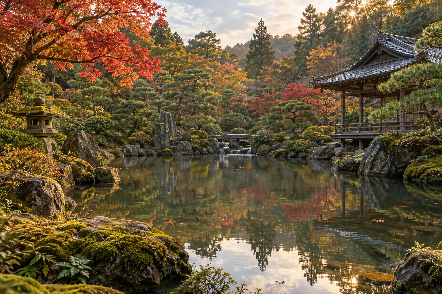 The approved TaleGrain Japanese garden environment with autumn foliage, pond, and traditional roofline