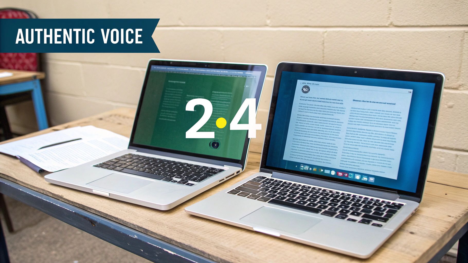 Two open laptops on a wooden desk with a blue banner reading 'AUTHENTIC VOICE' and a '2.4' graphic.