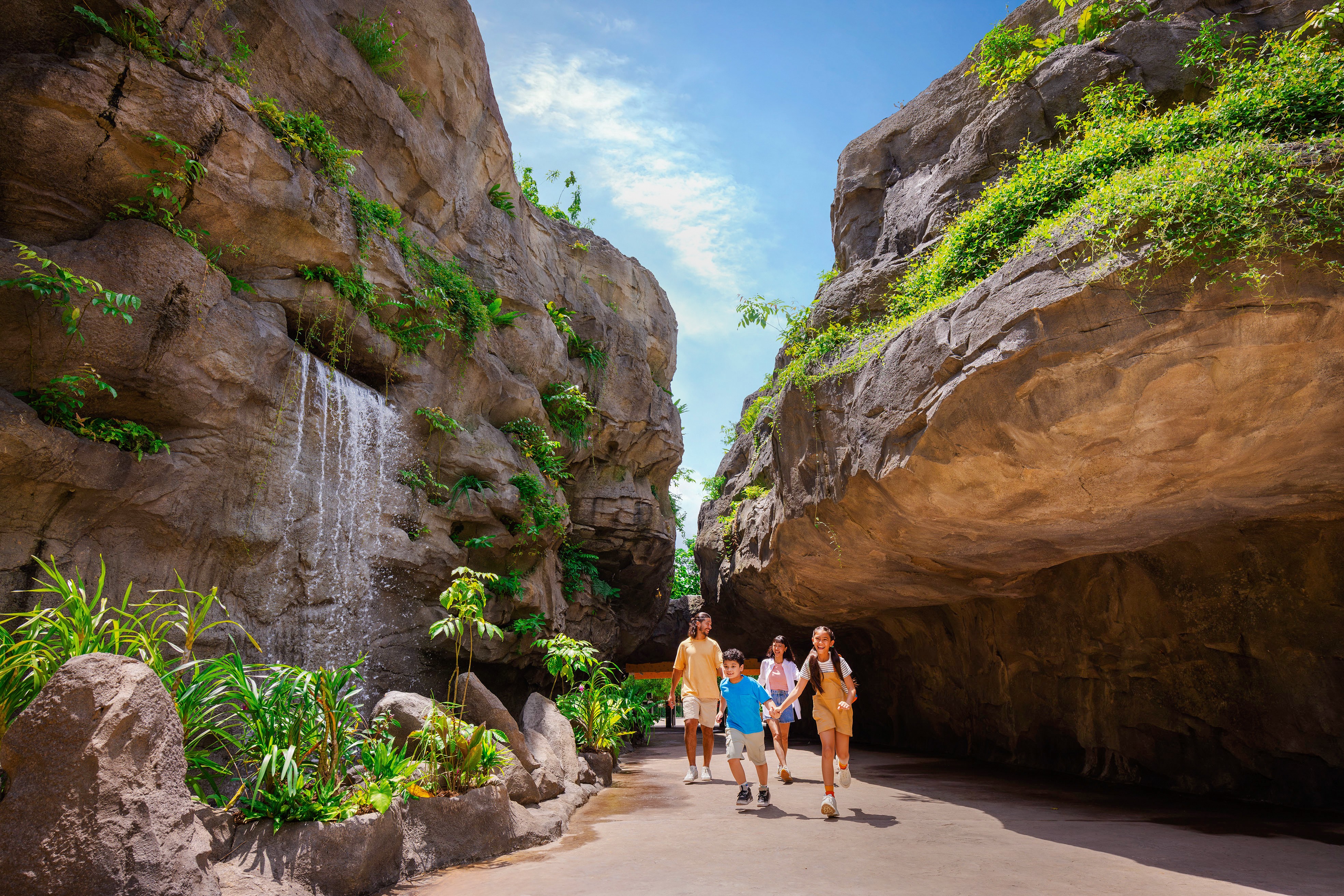 佩特拉古城(位于约旦)的入口峡谷,共有游客探索这座古老的岩石切割建筑。