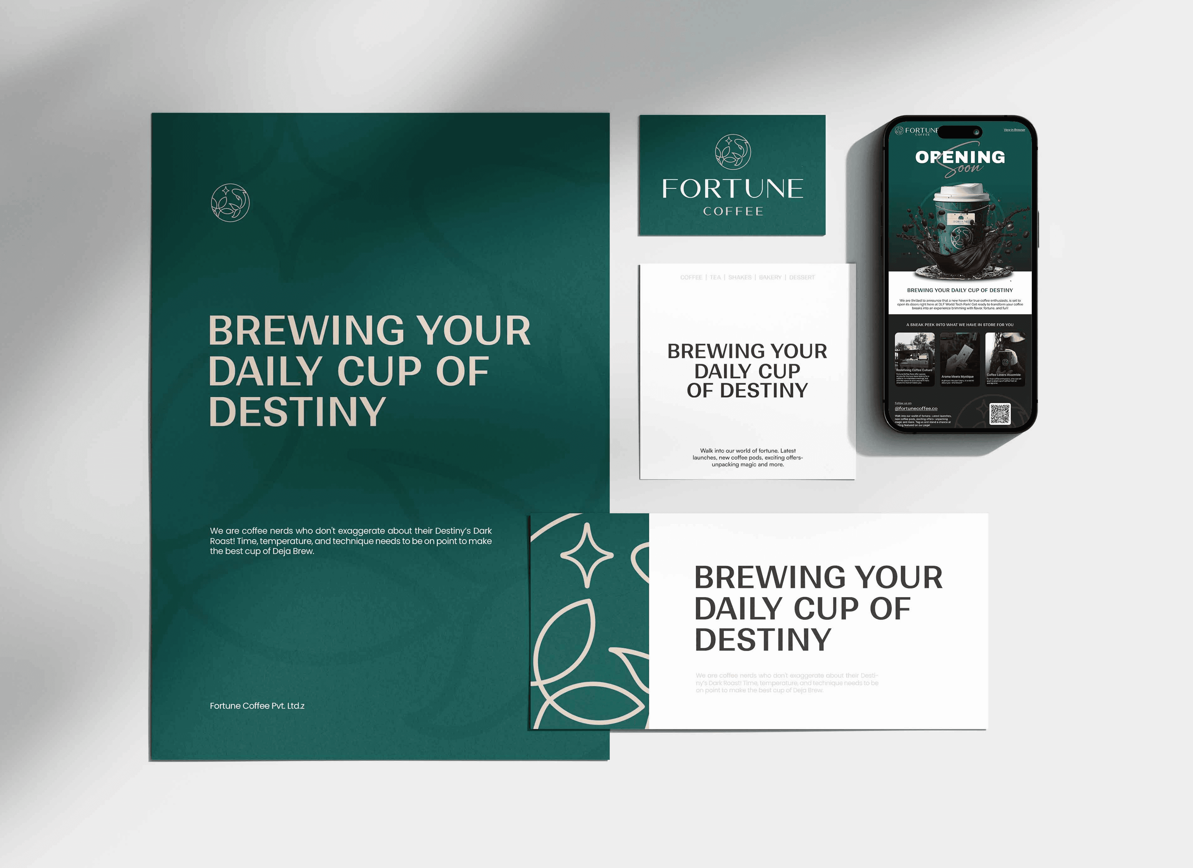 Image of "Fortune Coffee" branding with colorful text layout and the tagline "Brewing Your Daily Cup of Destiny"