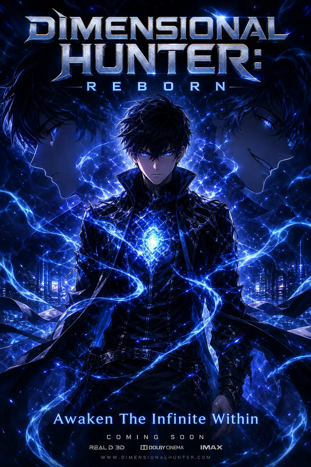 AI-generated anime sci-fi poster of a powerful young hunter surrounded by glowing blue energy and futuristic dimensional effects.
