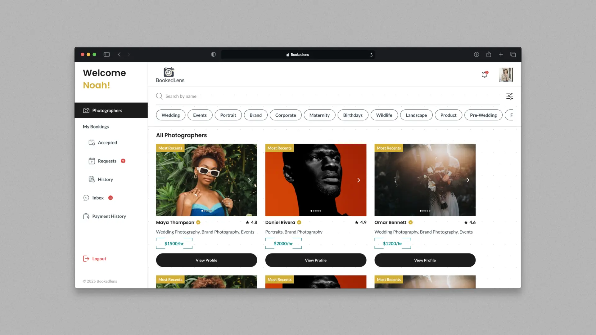 A high-fidelity desktop user interface of the BookedLens platform, showcasing the wide-screen layout for browsing professional photographer portfolios.