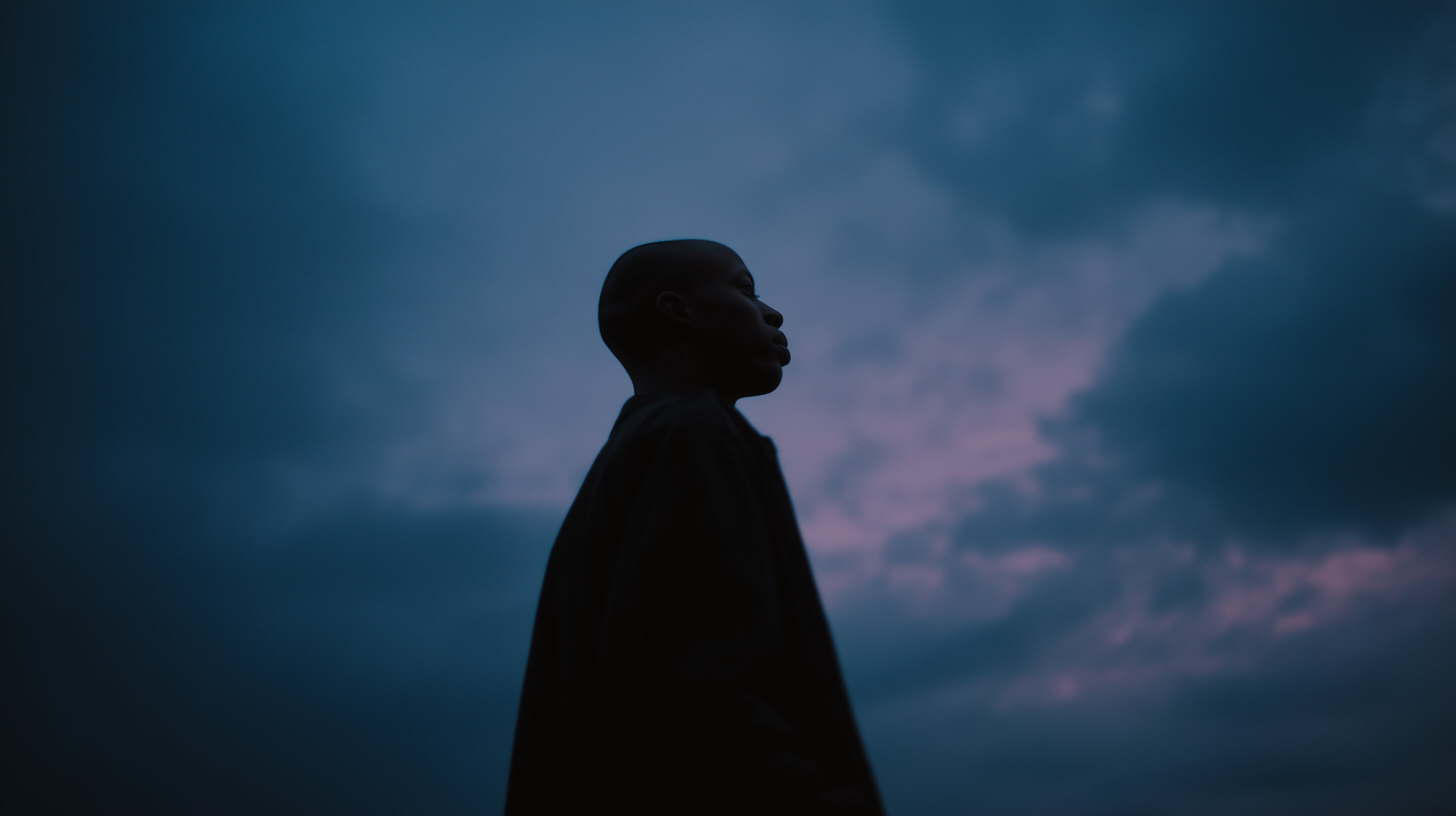 Silhouette of a person looking upward against a moody twilight sky with purple and dark blue clouds.