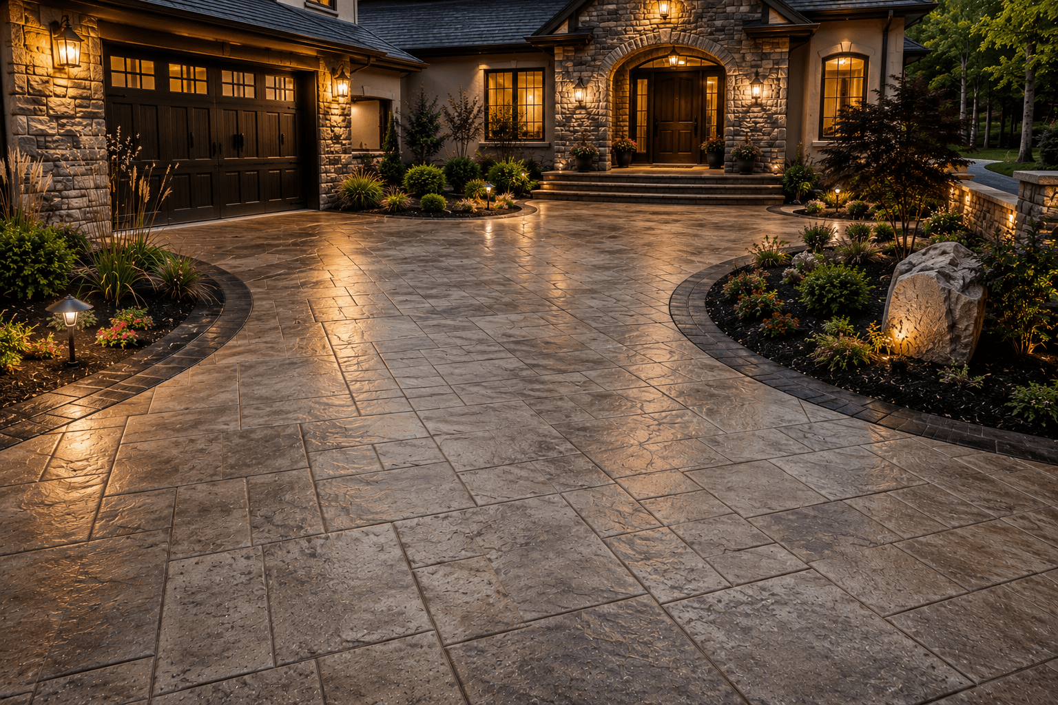Stamped concrete driveway at a home in Durham, North Carolina, installed by Concrete Hippo.