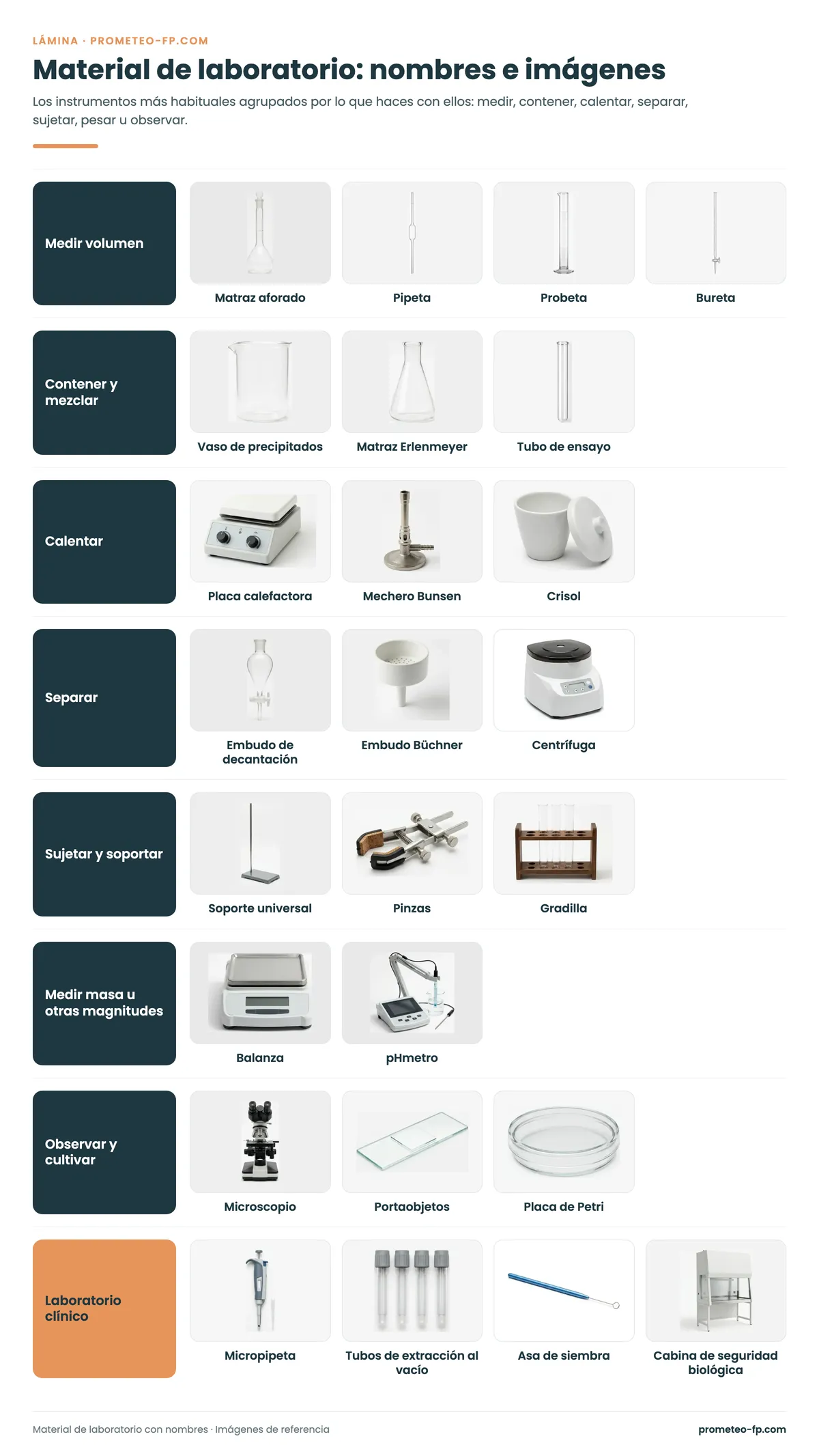 Lámina de material de laboratorio con nombres: matraz aforado, probeta, bureta, vaso de precipitados, Erlenmeyer y centrífuga
