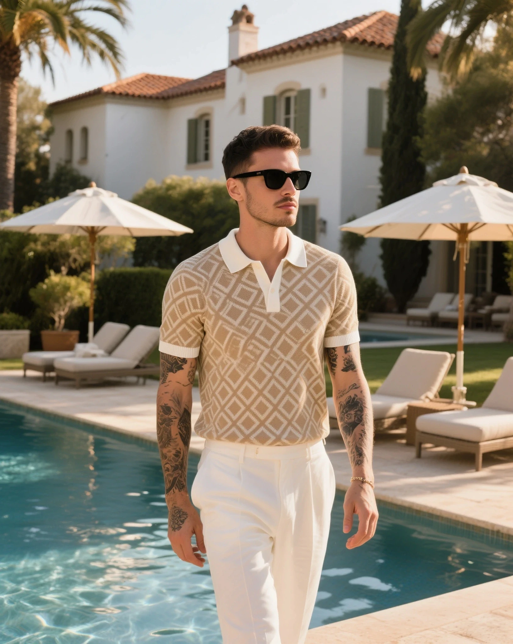 Man in stylish resort wear standing by a luxury poolside villa