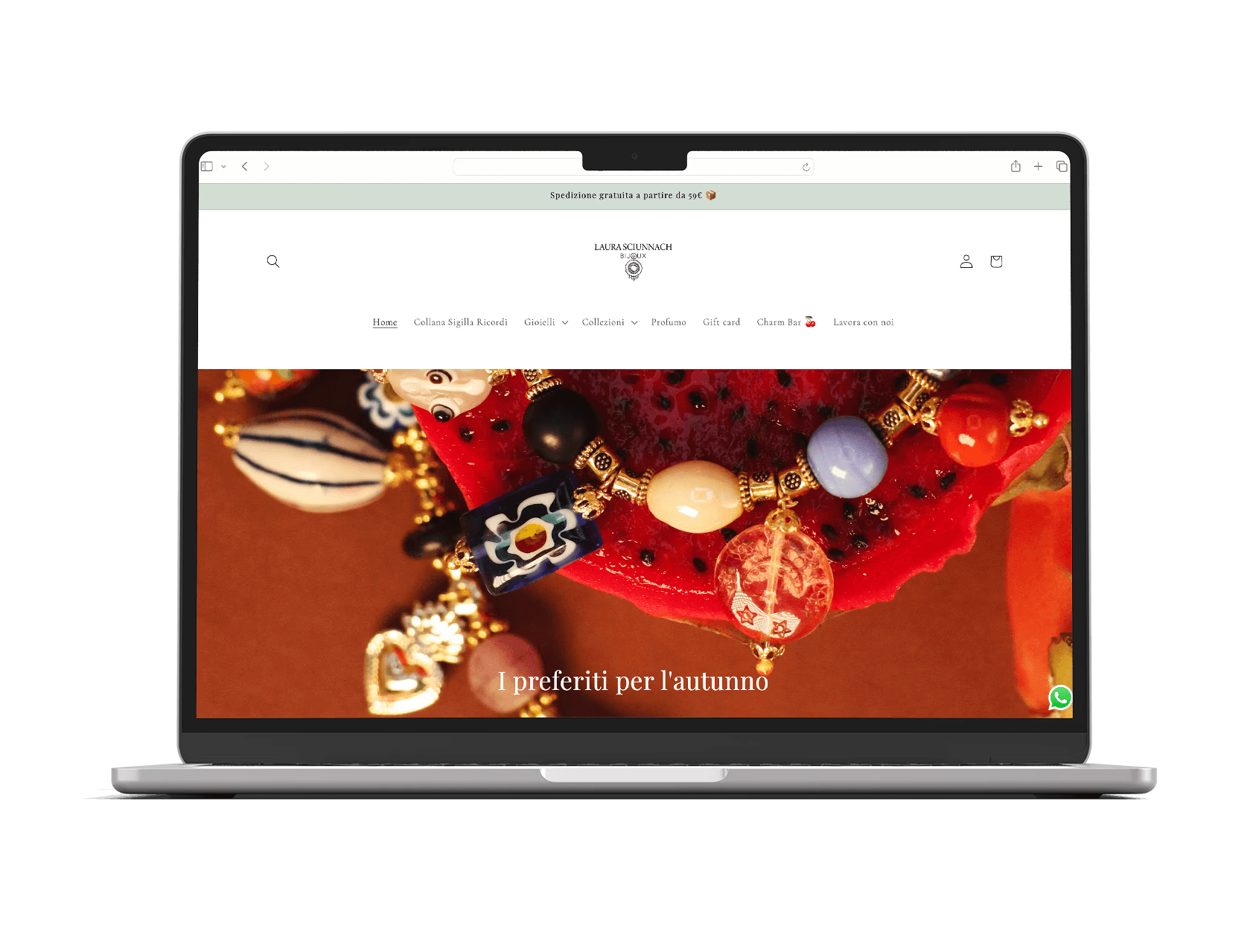 Realizzazione e-commerce per Laura Sciunnach a cura di Aura Studio, agenzia di comunicazione di Genova: progettazione sito web, sviluppo Shopify, ottimizzazione per la vendita online e creazione di un’esperienza digitale pensata per valorizzare i gioielli artigianali.