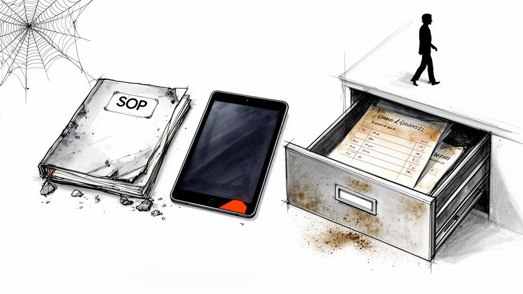Old, dusty SOP book and file cabinet contrast with a sleek modern tablet and a person walking, symbolizing change.